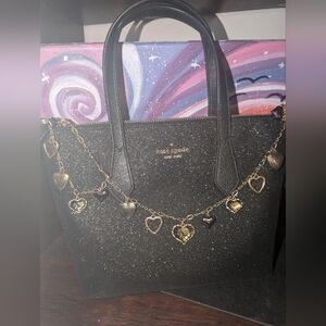 Kate Spade Small Black Glitter Tote with Heart Chain